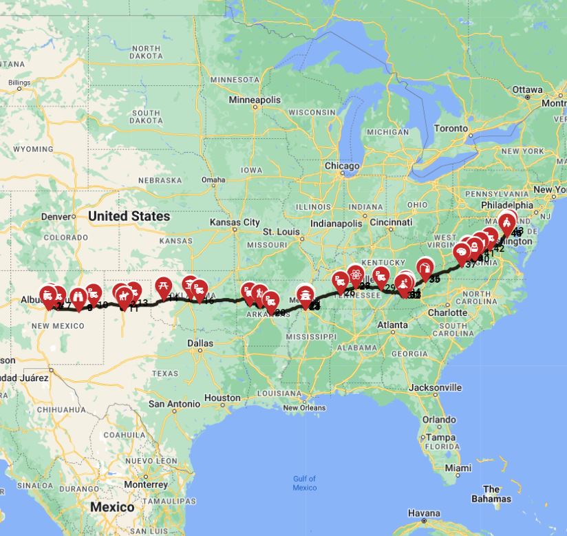 Motorhome trip route from Albuquerque to Washington DC
